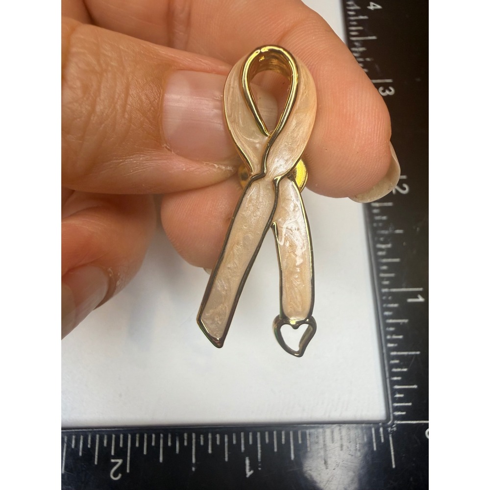 Gold Tone Cream Enamel Awareness Ribbon Pin with Heart Charm Lapel Pin